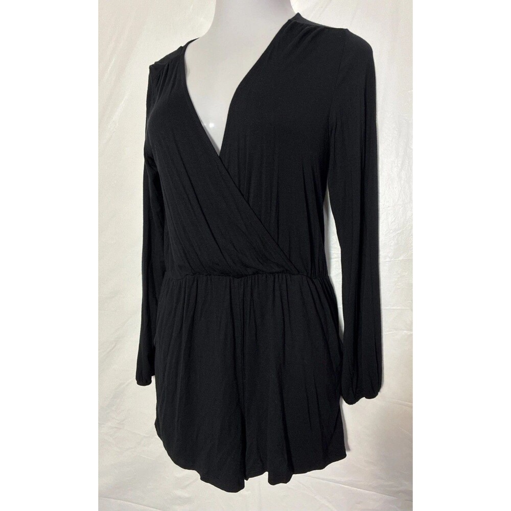 Vintage Wet Seal Romper Surplice V Neck Long Sleeve Shorts Black Knit M Boho